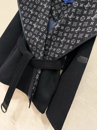 1V New Wool Monogram Canvas Tie-Waisted Hooded Short Coat