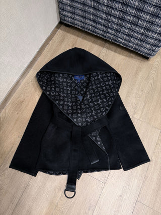 1V New Wool Monogram Canvas Tie-Waisted Hooded Short Coat
