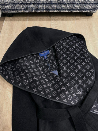 1V New Wool Monogram Canvas Tie-Waisted Hooded Short Coat