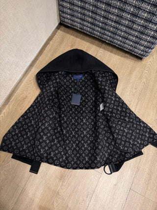 1V New Wool Monogram Canvas Tie-Waisted Hooded Short Coat