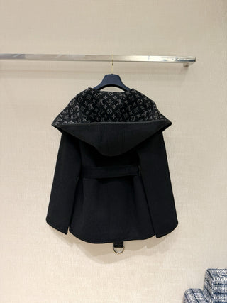 1V New Wool Monogram Canvas Tie-Waisted Hooded Short Coat