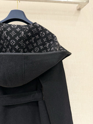 1V New Wool Monogram Canvas Tie-Waisted Hooded Short Coat