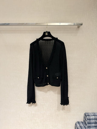 CHANE*25A Black V-neck Cardigan with Ruffled Trim