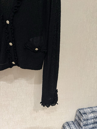 CHANE*25A Black V-neck Cardigan with Ruffled Trim