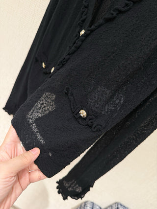CHANE*25A Black V-neck Cardigan with Ruffled Trim