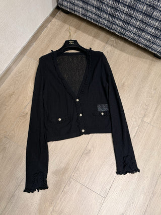 CHANE*25A Black V-neck Cardigan with Ruffled Trim