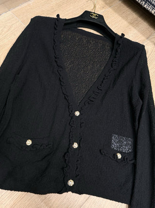CHANE*25A Black V-neck Cardigan with Ruffled Trim