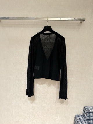 CHANE*25A Black V-neck Cardigan with Ruffled Trim