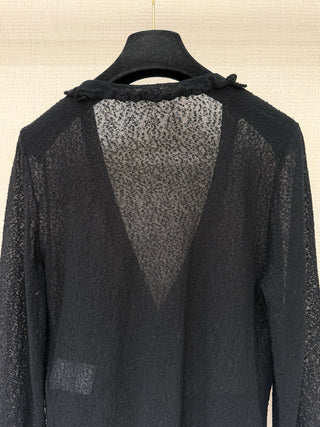 CHANE*25A Black V-neck Cardigan with Ruffled Trim
