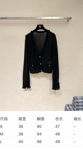 CHANE*25A Black V-neck Cardigan with Ruffled Trim