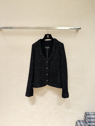 CHANE*25B Sparkling Sequin V-Neck Tweed Wool Coat
