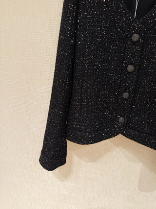 CHANE*25B Sparkling Sequin V-Neck Tweed Wool Coat