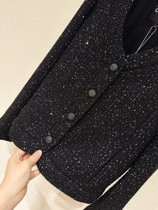 CHANE*25B Sparkling Sequin V-Neck Tweed Wool Coat
