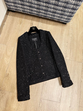 CHANE*25B Sparkling Sequin V-Neck Tweed Wool Coat