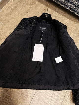 CHANE*25B Sparkling Sequin V-Neck Tweed Wool Coat