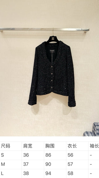 CHANE*25B Sparkling Sequin V-Neck Tweed Wool Coat