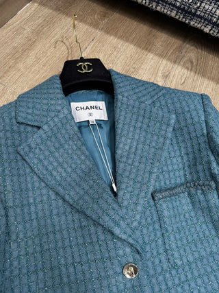 CHANE*25B Métiers d'Art collection new vintage textured peacock green suit jacket