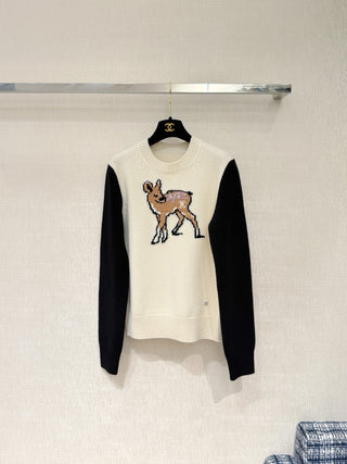 Chane* 25N Deer Jacquard Crew Neck Cashmere Wool Sweater