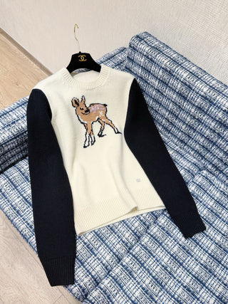 Chane* 25N Deer Jacquard Crew Neck Cashmere Wool Sweater