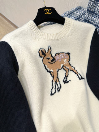 Chane* 25N Deer Jacquard Crew Neck Cashmere Wool Sweater