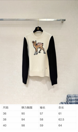 Chane* 25N Deer Jacquard Crew Neck Cashmere Wool Sweater