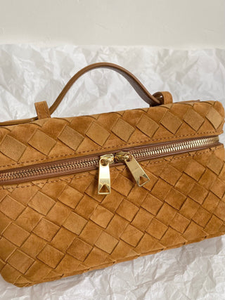 Vanity woven mini box bag, suede in amber color 🍂