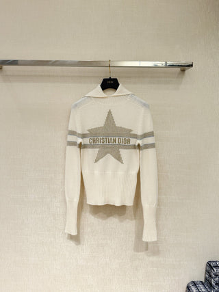 Dio* Premium Quality Ski Collection Gold Five-Pointed Star Cashmere Wool Collar Knit Sweater