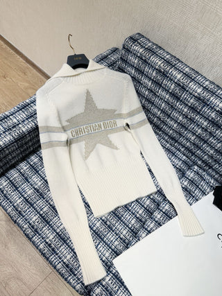 Dio* Premium Quality Ski Collection Gold Five-Pointed Star Cashmere Wool Collar Knit Sweater