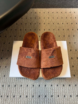 26ss Platform Flat-Toe Plush Slippers