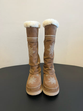 Unfoli #Autumn/Winter Retro Snowflake Tassel Tall Snow Boots Slouch Boots