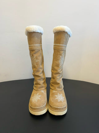 Unfoli #Autumn/Winter Retro Snowflake Tassel Tall Snow Boots Slouch Boots