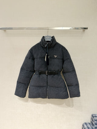 Prad* Autumn/Winter New Style Stand Collar Leather Belt Belt Wool Down Jacket