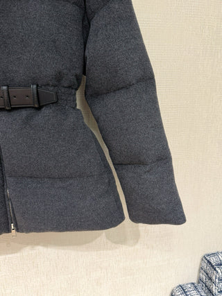 Prad* Autumn/Winter New Style Stand Collar Leather Belt Belt Wool Down Jacket