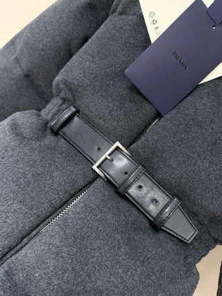 Prad* Autumn/Winter New Style Stand Collar Leather Belt Belt Wool Down Jacket