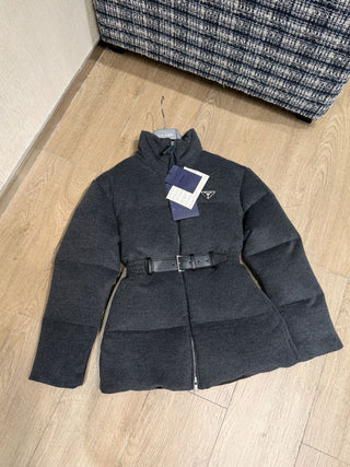 Prad* Autumn/Winter New Style Stand Collar Leather Belt Belt Wool Down Jacket