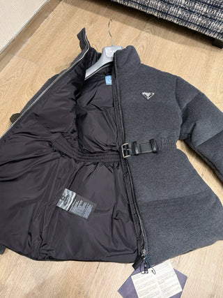 Prad* Autumn/Winter New Style Stand Collar Leather Belt Belt Wool Down Jacket