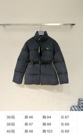 Prad* Autumn/Winter New Style Stand Collar Leather Belt Belt Wool Down Jacket