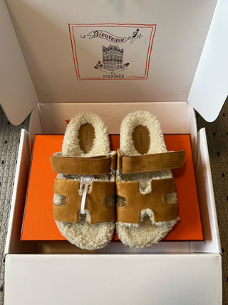 Herme* top autumn and winter new H-shaped leather plush slippers