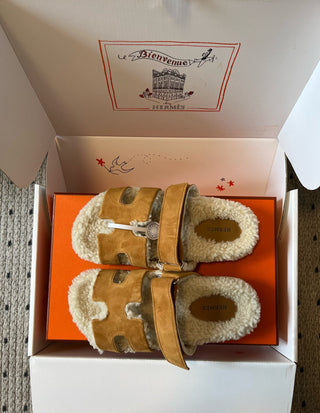 Herme* top autumn and winter new H-shaped leather plush slippers