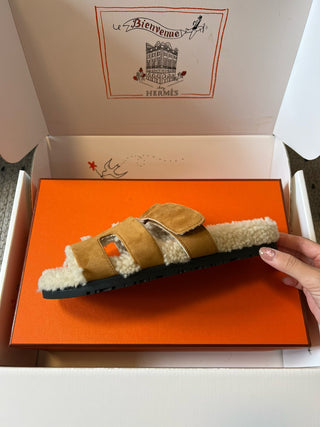 Herme* top autumn and winter new H-shaped leather plush slippers