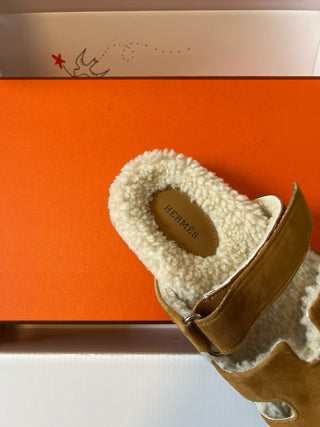 Herme* top autumn and winter new H-shaped leather plush slippers