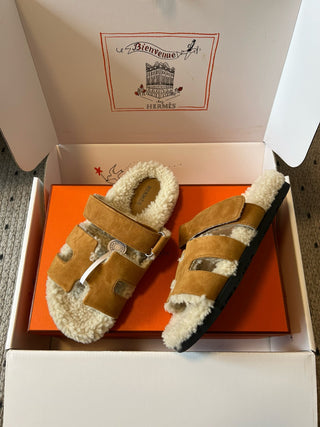 Herme* top autumn and winter new H-shaped leather plush slippers