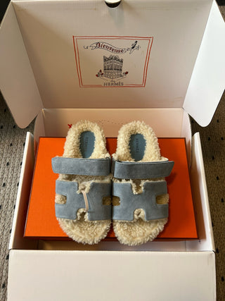 Herme* top autumn and winter new H-shaped leather plush slippers