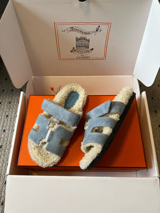 Herme* top autumn and winter new H-shaped leather plush slippers
