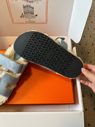 Herme* top autumn and winter new H-shaped leather plush slippers