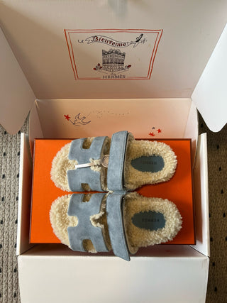 Herme* top autumn and winter new H-shaped leather plush slippers
