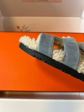 Herme* top autumn and winter new H-shaped leather plush slippers