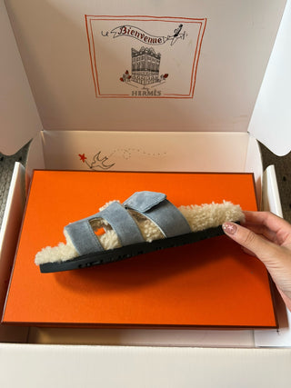 Herme* top autumn and winter new H-shaped leather plush slippers