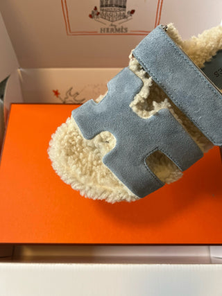 Herme* top autumn and winter new H-shaped leather plush slippers