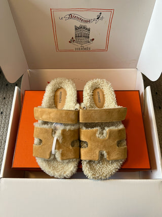 Herme* top autumn and winter new H-shaped leather plush slippers